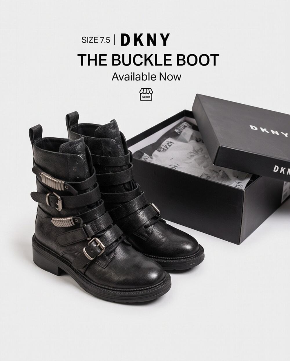 DKNY Black Leather Low-Heel High-Top Ankle Boots with Silver Hardware (NIB)